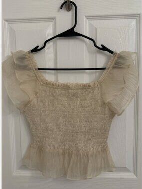 SAGE Off White Sleeveless Smocked Top Puff Sleeves Size Small